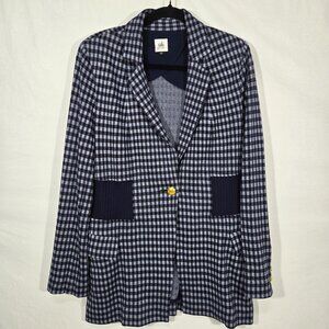 CAbi Academia Office BLUE Checked Knit Ribbed Waist Golden Buttons Blazer Size M